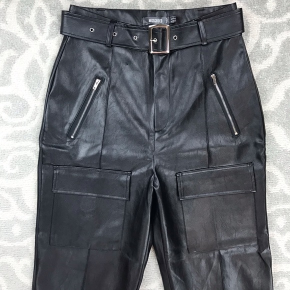 Missguided Chic Vegan Leather Belted High-Rise Straight Leg Pants Size 6 - Picture 4 of 10